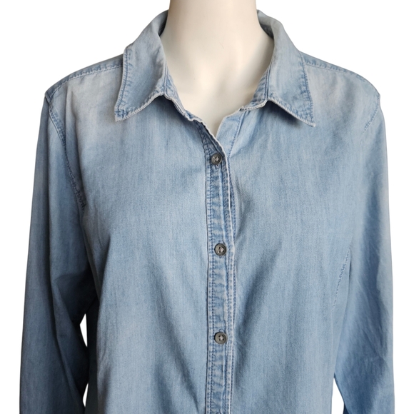 J. Jill Light Wash Cotton Long Sleeve Denim Button Up Tunic Shirt Size Large - Picture 2 of 12